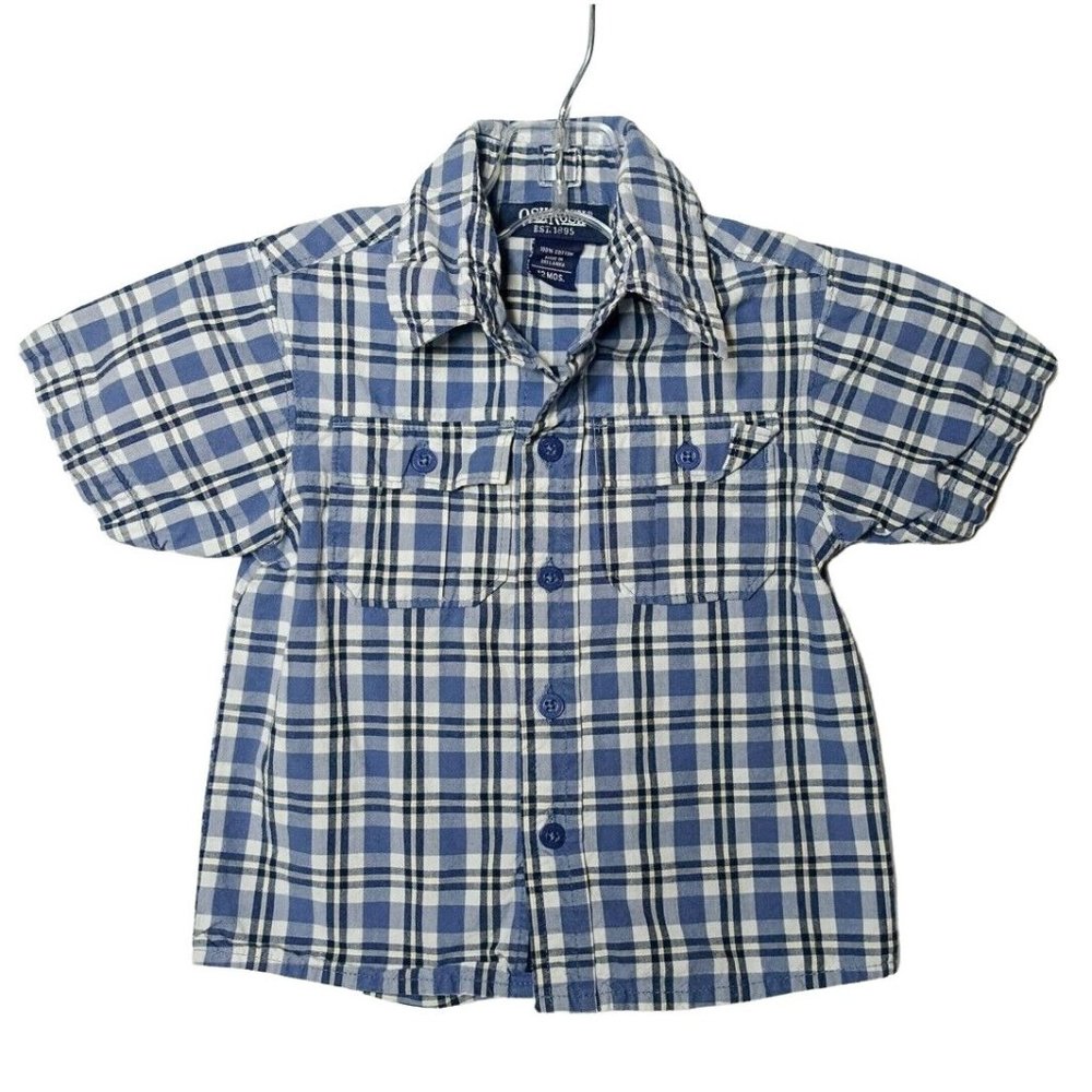 VTG OshKosh Baby Boy Sz 12 mo. Button Down Collared Shirt Blue Plaid 100% Cotton